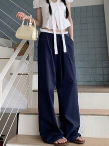 海军蓝色直筒裤，白色撞色拼接，女士休闲裤 - 藏蓝色 - 查看 1