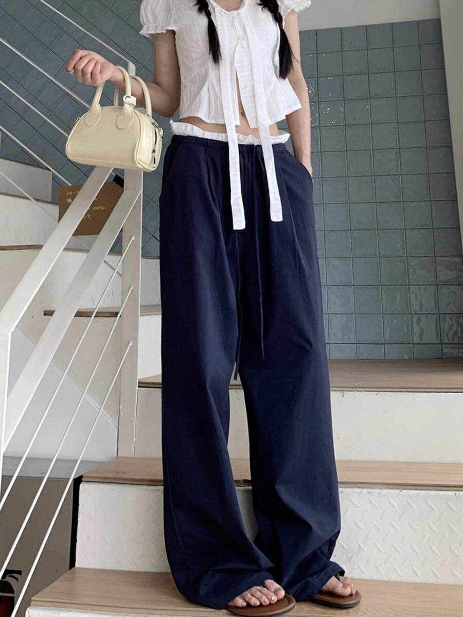 海军蓝色直筒裤，白色撞色拼接，女士休闲裤 - 藏蓝色 - 查看 1