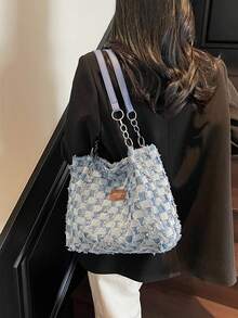 时尚条纹手提包 - 女士大容量单肩包 - 日常使用的拉链手提包 - 简约链条单肩手提包，适合少女、女士、大学生、办公室、工作、商务、通勤