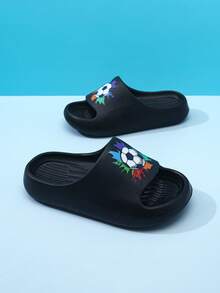 Chanclas de espuma EVA para niños, ligeras, con suela antideslizante y suave, lindas, para uso doméstico casual, de secado rápido, con diseño de fútbol y deportes, de unicolor simple, con suela gruesa, para niños y niñas, sandalias de playa - Negro - Ver 7