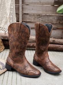 Classic Fashion Women's Laser Cut Mid-Calf Boots, Square Toe Chunky Heel Durable Sole, Breathable Lining Material For Comfortable Wear, Featuring Rustic Western Style, Suitable For Holidays, Travel, Hiking, Cycling - 棕色 - 查看 7