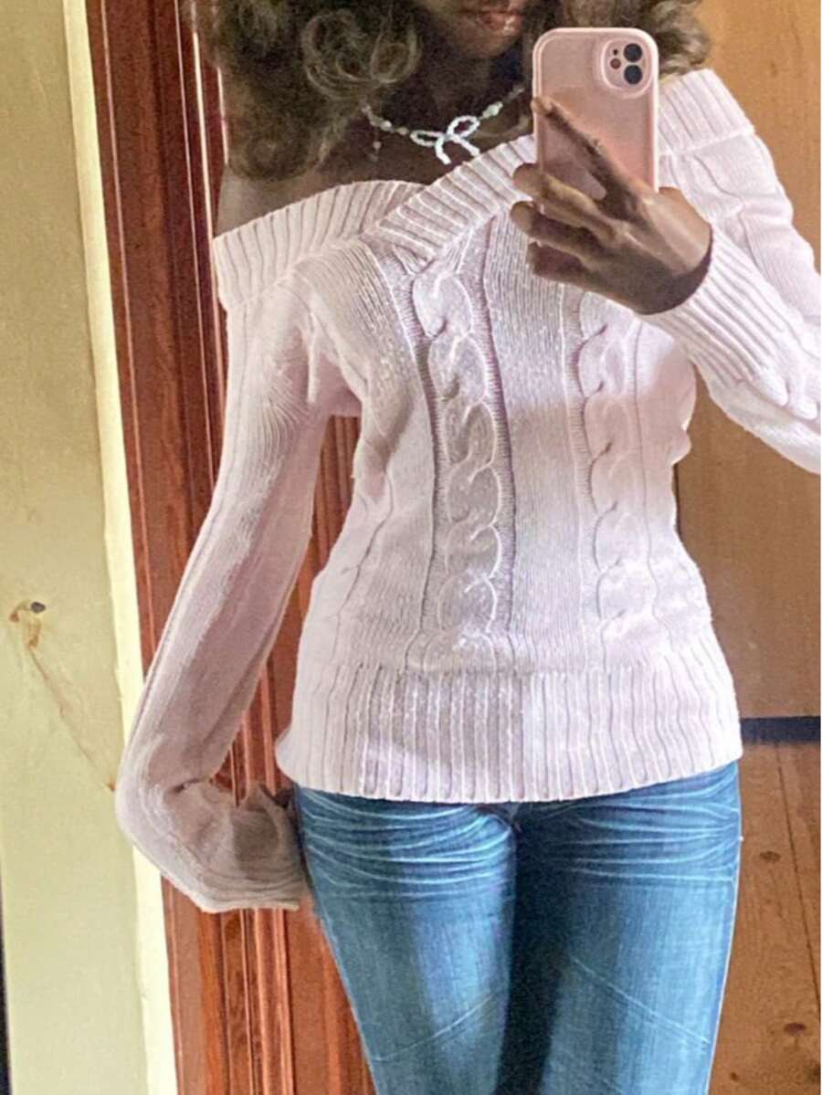 Off-Shoulder Long Sleeve Pullover Sweater For Women, Autumn/Winter, Y2K Gothic Style, Sexy Black Exposed Shoulder Top, Versatile Pink Super Soft Casual Knit Sweater, Country Music Festival, Music Festival - 粉色 - 查看 1