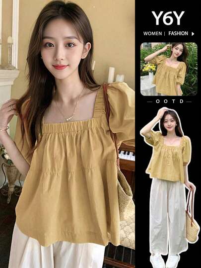 Y6Y 【韩日风】方领公主袖上衣，甜美休闲度假夏日