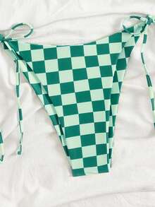 Conjunto de bikini de mujer de verano con estampado de cuadros rosas, nudo, espalda descubierta y corte alto, traje de baño para vacaciones en la playa - Multicolor - Ver 5