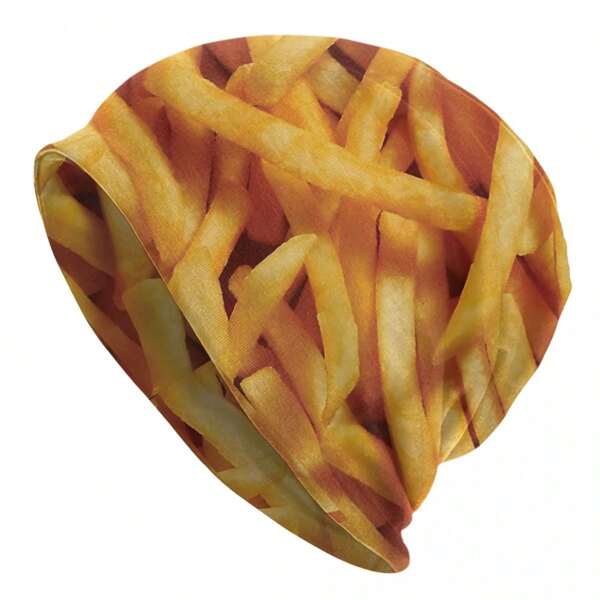 Berretto senza tesa con stampa di patatine fritte, berretto in maglia di poliestere leggero ed elastico con motivo di patatine fritte, adatto per attività all'aperto, unisex