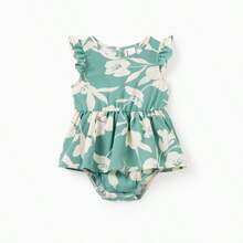 Set de camiseta de manga corta o vestido de tirantes con drapeado estampado con hojas a juego para la familia - Verde - Ver 4