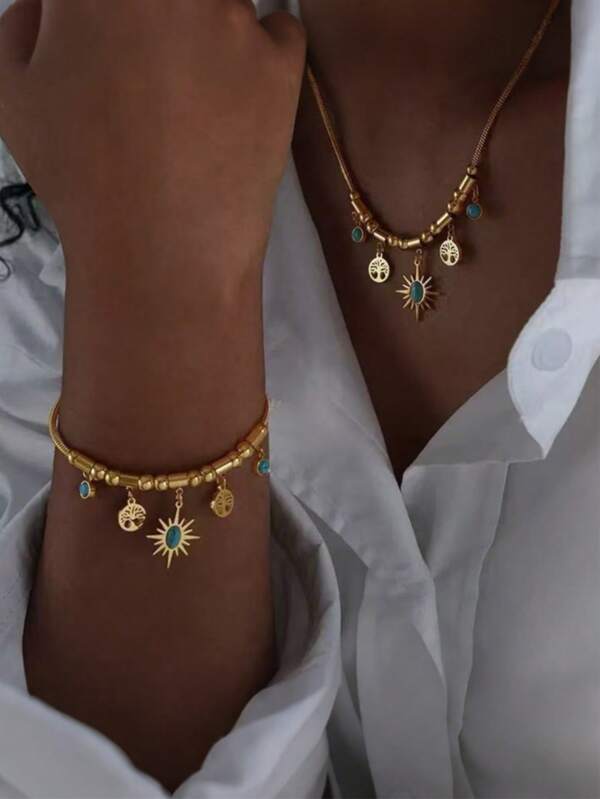 2pcs Set Life Tree & Sun Turquoise Pendant Necklace & Bracelet Jewelry Set, Fashion & Versatile