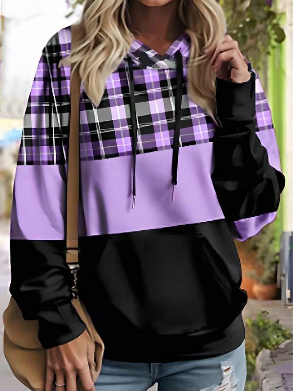 1pc Plus Size Casual Long Sleeve Loose Hoodie Sweatshirt, Women Elegant Plaid Contrast Color Print Hooded Pullover With Drawstring, Autumn/Winter