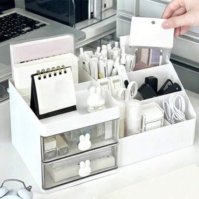1PC Charming Rabbit-Themed Desk Organizer - 2 Clear Drawers Plastic Storage Box For Office Supplies & Sundries, Back To School Essential & Christmas Gift, Ideal Home & Office Decor (Holiday Rabbit Design)​