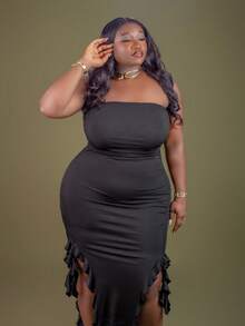 CurvyTilda 加大长款夏季连衣裙 荷叶边饰边褶饰侧边抹胸紧身连衣裙 - 黑色 - 查看 7