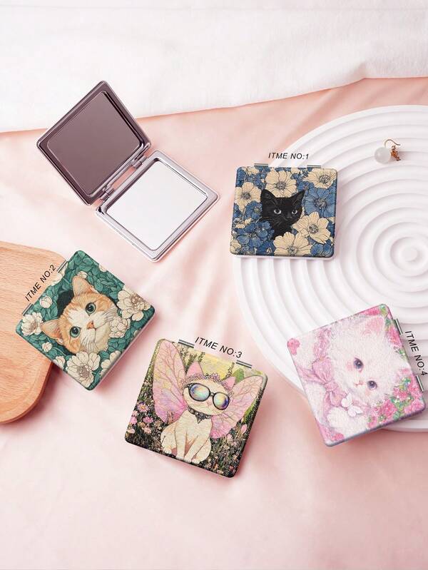 1pc Cute Pet Series Foldable Compact Handheld Makeup Mirror, Lightweight, Ultra-Thin, Portable, Durable PU Leather, Suitable For All Occasions, Featuring Delicate Floral & Kitten Wing Pattern Design, 180° Flip Cover, Multi-Functional