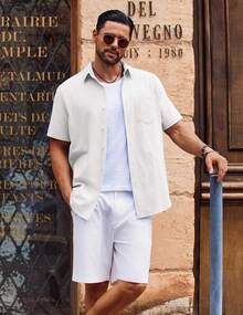 Camisa de manga corta con botones para hombre, de algodón casual de verano, de lino para boda, con bolsillo - Azul Marino - Ver 4