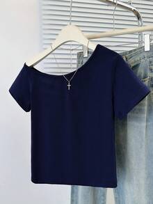 时尚不对称领口短袖修身短款 T 恤衬衫