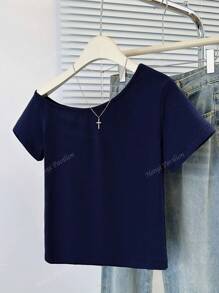 Chic Asymmetric Neck Short Sleeve Fitted Cropped T-Shirt Blouse