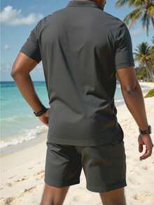 男士运动套装立领套装浅灰色Polo T恤夏季短袖透气运动套装休闲T恤+短裤纯色圆领Polo T恤套装带口袋抽绳 - 深灰色 - 查看 2