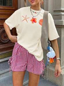 Summer Apricot Short Sleeve Top, Decorated With Shell And Starfish Patterns. Loose Style, Easy To Match, Perfect For Casual And Vacation Wear. - Apricot - View 8