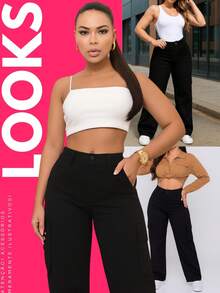 Stillger Moda Jeans Women's Wide Leg Cargo Pants High Waisted Butt Lifting Jeans - 黑色 - 查看 4