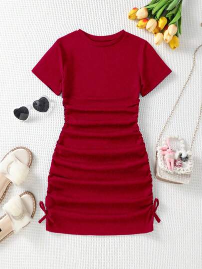 Girls' Solid Color Crinkle Bow Decor Casual Polyester Knit Dress, Slightly Stretchy, Suitable For Spring/Summer/Autumn Regular Fit