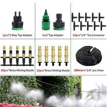 10米/20米/30米户外花园喷雾降温系统，半自动浇水灌溉系统，1/4英寸黄铜喷雾喷嘴套件，温室微型喷头