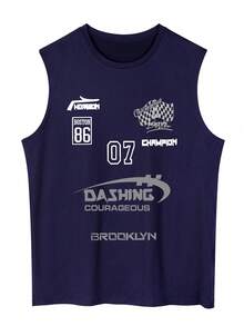 男式字母和心形图案印花休闲圆领背心 - 藏蓝色 - 查看 2