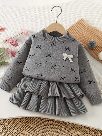 Conjunto de suéter grosso para meninas, blusa com laço e saia de cintura alta, roupa de malha de qualidade para meninas, outono/inverno