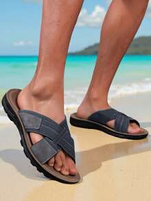 2025新款男士撞色手工凉鞋交叉绑带透气防滑轻便沙滩户外拖鞋透气休闲街头时尚人字拖 - 藍色 - 查看 3