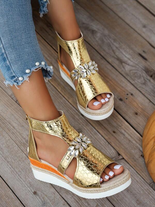 New Summer Crocodile Embossed Fashion Rhinestone Back Zipper Gold Wedge Heel Rope Sandals, Hollow Out Open Toe