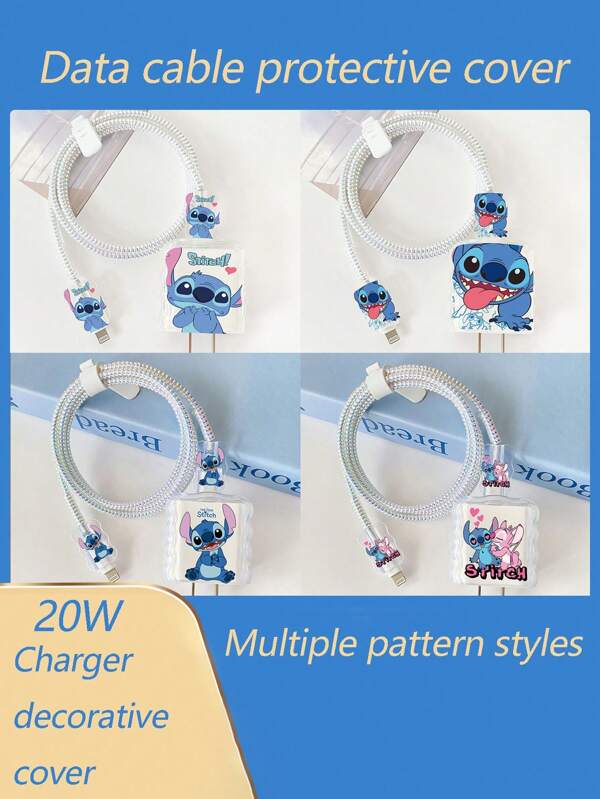 Disney 1pc Stitch Pattern White Data Cable Protector, Suitable For Daily Home, Office, Travel And Outdoor Use, Prevent Cable Breakage And Pinching, Ideal For Holiday And Birthday Gifts (Fits 18W/20W Fast Charging)