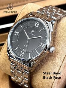 PABLO RAEZ 1pc Original Men's Watch, Stainless Steel Vintage Luxury Charming Business Accessory, 50M Waterproof AAA Watches, Simple Jewelry Calendar Clock, Men's Solid Metal Steel Bracelet Chain, Silver Black Dial With Date, Brand New Casual Fashion Quartz Watch, Men's Steel Roman Numerals And Bar Black High-End Business Watch, Daily Use, Teacher Gift, Time, Father Or Male Friend Birthday Graduation Wedding Gift - Silver - View 15