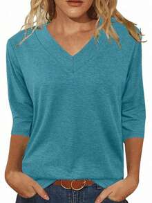 3 chiếc áo phông rộng rãi cổ chữ V tay 3/4 màu trơn, dành cho nữ mùa xuân/thu - Đen + Xanh Dương + Hồng - Xem 4