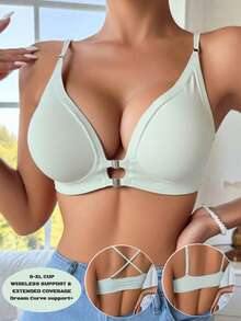 1 件女士休闲舒适简约前扣文胸，无缝深 V 高弹力交叉工字背针织面料无钢圈休闲文胸，防止下垂