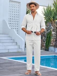 Runcati Mens Guayabera Linen Shirts Long Sleeve Button Down Casual Summer Beach Shirt Tops - 白色 - 查看 3