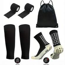 4Pcs/Set Durable Polyester Soccer Socks And Accessories Set - Comfortable Knit Tube Socks With Leg Sleeves, Taping Straps, And Drawstring Bag For Training And Matches