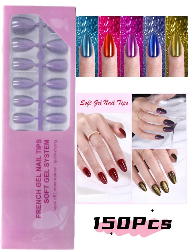 150 piezas Uñas postizas de ojos de gato almendrados cortos, 5 colores de uñas falsas de gel suave con efecto ojo de gato brillante, puntas de uñas acrílicas para mujeres y niñas, que se ajustan perfectamente y son reutilizables en 15 tallas
