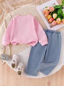 2 pièces/set Mode bébé fille rose mignon Débardeur à décoration de nœud papillon 3D à manches longues et pantalon en jean avec nœud papillon élastique à la taille, ensemble - Rose bonbon - Voir 2
