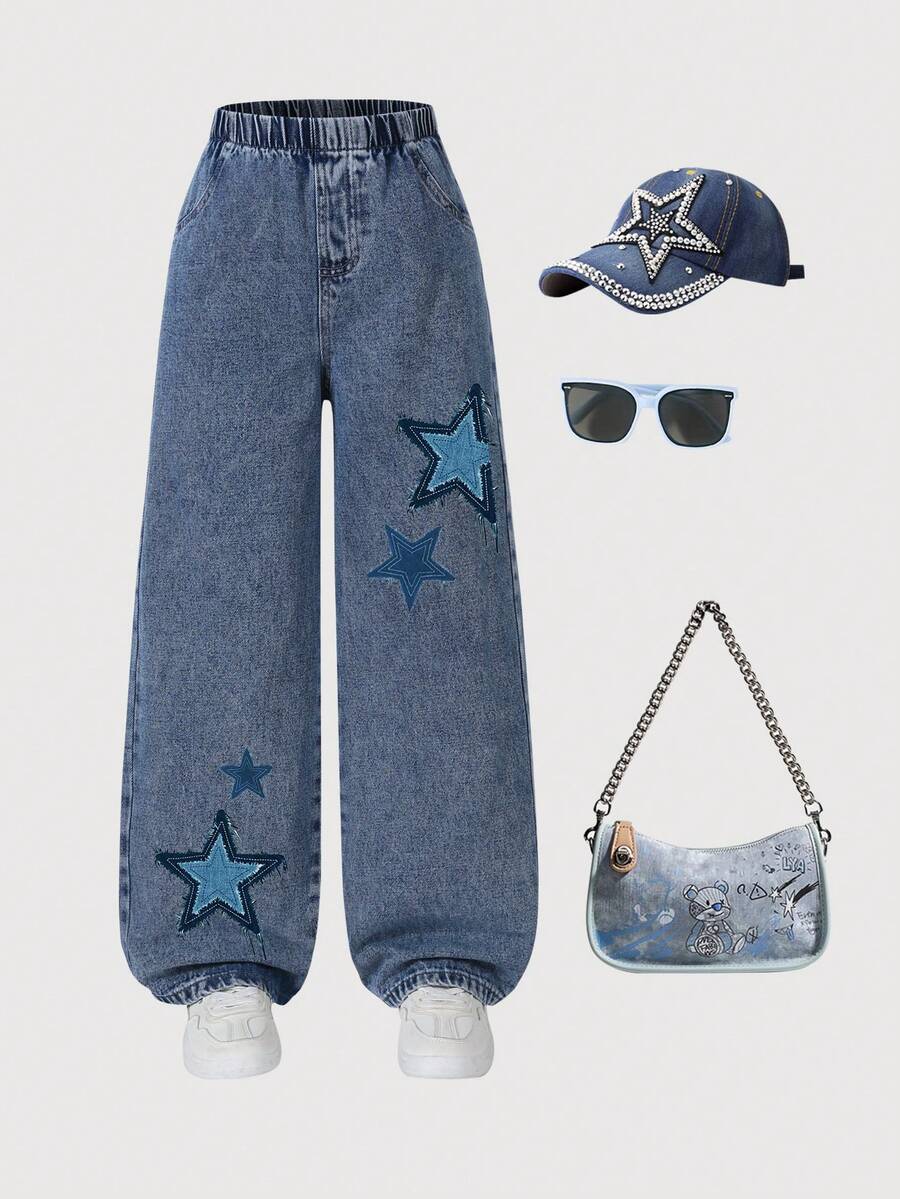 1pc Girl Y2K Star Print Straight Leg Jeans, Casual Versatile Street-Style Summer Clothes - Medium Wash - View 1