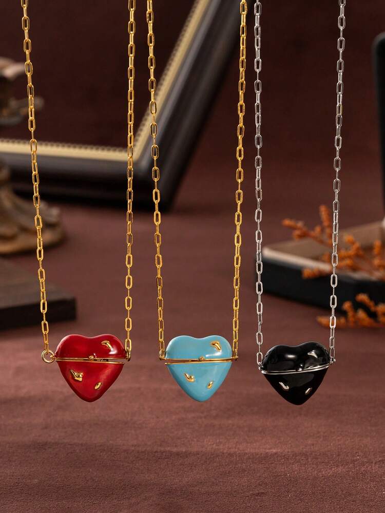 1 件时尚甜美精致心形珐琅球项链，内藏珍珠，镀 18k 金，不易氧化，展现魅力和个性化，适合女性日常穿衣装饰、海滩度假派对、音乐节。 - 彩色 - 查看 4