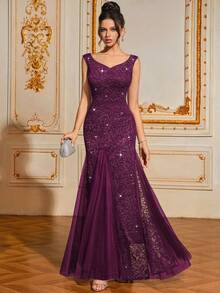 MIUSOL 心形领撞色亮片蕾丝网眼鱼尾下摆晚会修身长裙优雅正式婚礼宾客礼服，适合毕业典礼、晚宴 - 紫紅色 - 查看 5