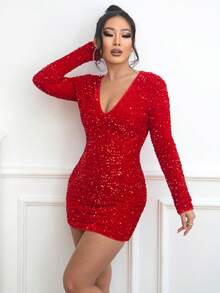 Joyfunear 女式时尚性感亮片紧身迷你连衣裙 - 紅色 - 查看 6