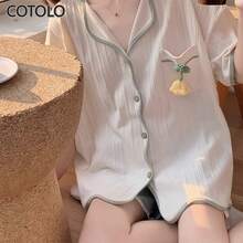 COTOLO Conjunto de Pijamas de Mujer 3 Piezas para Primavera Verano y Otoño con Estilo Dulce de Dibujos Animados Blusa de Manga Corta con Short y Pantalón Largo,pijamas de mujer,pijama,pans de mujer,pijamas - Flor verde - Ver 2