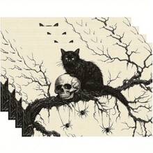 Juego de 1/2/4/6 individuales, estilo de gato negro de Halloween, con patrón de murciélago, tamaño 30x45 centímetros. Los individuales de poliéster de Halloween son adecuados para cocinas/manteles resistentes al calor del hogar, fáciles de limpiar y son accesorios ideales para mesas de cocina del hogar. Son adecuados para reuniones familiares y ocasiones interiores y son la mejor opción para la decoración de Halloween.