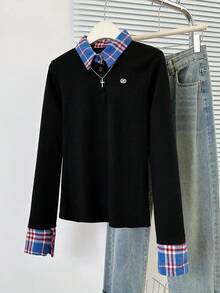Women's Polo Collar Mock Layer Plaid Patchwork Long Sleeve T-Shirt, Stylish Fitted Slim Fit Long Sleeve Top