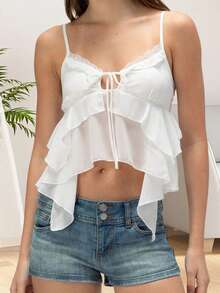 Women's Summer Ruffled Camisole Spaghetti Strap Tie Front V-Neck Lace Trim Slim Fit Tank Tops Streetwear - White - View 3