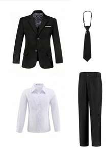 Boys Suits 4-Pieces Suit Set Toddler Tuxedos Dresswear Ring Bearer Outfit Wedding Blazer Pants Shirts Tie Formal Suits For Kids Black Size 4-14Y