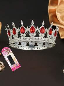 Un conjunto (Corona + 10 pasadores de cabello fijos) de accesorios de corona de novia barroca exquisita y elegante, decorada con brillantes rubíes que irradian lujo. Una excelente corona decorativa adecuada para bodas y fiestas de cumpleaños.