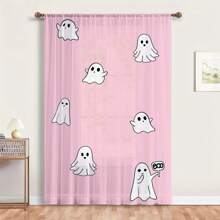 1件万圣节主题印花薄纱窗帘，粉色系幽灵图案，BOO！带杆袋，适合装饰客厅、卧室和其他空间。趣味节日派对礼物，为家居装饰营造节日氛围。