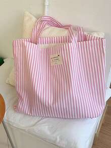 Retro Striped Canvas Tote Bag, Bright Red And White Stripes, Versatile, Washable - No Buckle - Multicolor - View 3