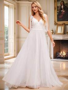 Elegant Luxurious Lace V-Neck Backless Bow Tie A-Line Long Trailing Wedding Dress Suitable For Wedding Ceremony - White - View 6