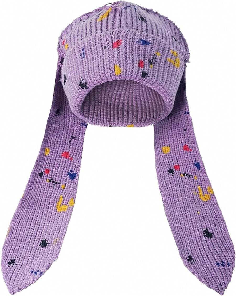 Knit Hats Cute Bunny Long Ears Funny Hat Fluffy Winter Warm Knit Rabbit Crochet Skull Outdoor Slouchy Hathalloween - 塗鴉紫色 - 查看 1