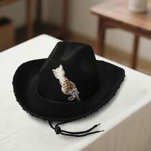 Womens Cowgirl Hat Cute Sequin Cat Western Style Black Pearl Wide Brim Fedora Hat With Adjustable Strap - Black - View 5